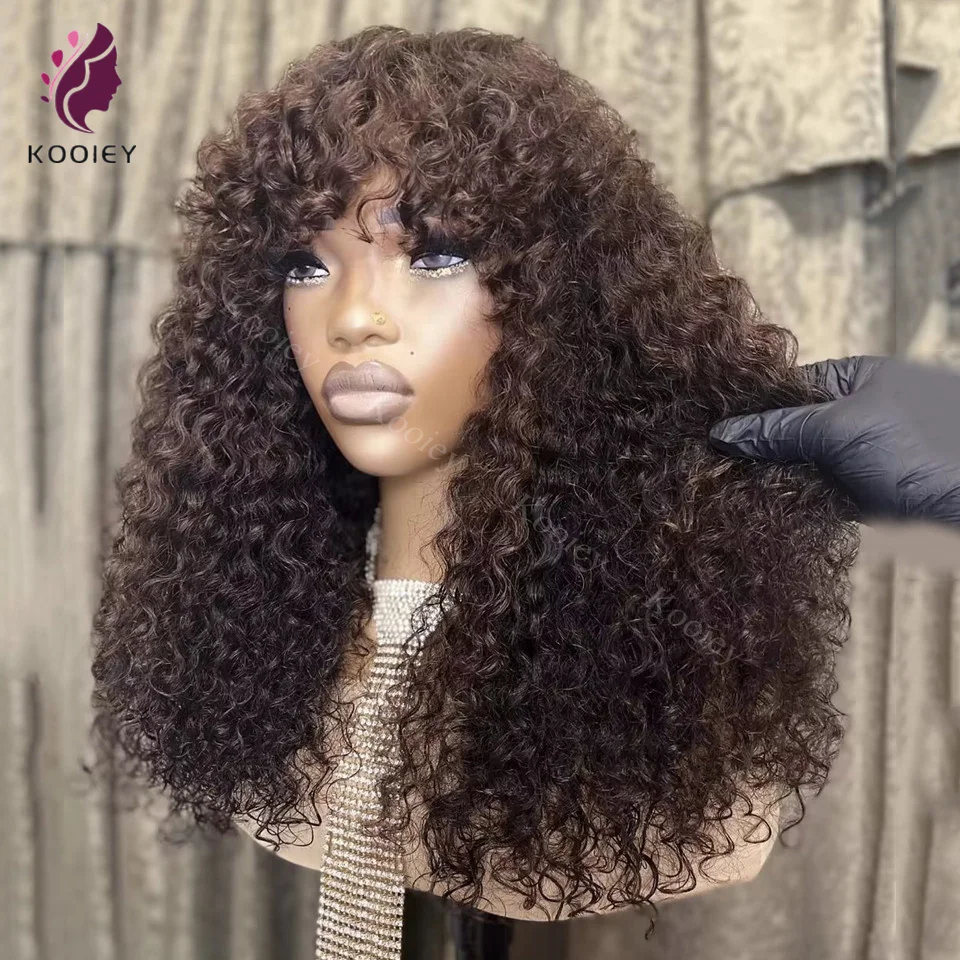 

Dark Brown Kinky Curly 13x4 Lace Frontal Wigs With Full Bangs Brazilian Remy 5x5 Silk Top Closure Wigs Dark Brown 180% Density