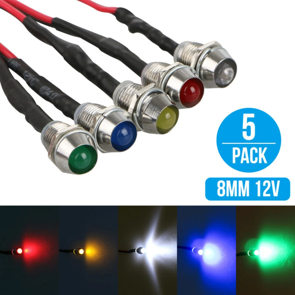 

5pcs 12V 8mm Truck Marine LED Indicator Pilot Dashboard Panel Warning Light ABS Plastic+Metal Super Bright Car Lights Accessory