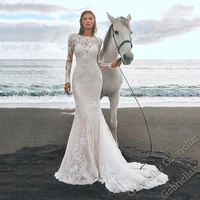 luxury wedding dress princess backless exquisite appliques scoop full sleeve lace mopping gown vestido de novia 2022 women