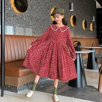 floral dress for girls autumn 2022 long sleeve doll collar red teenager children princess dresses 13 14 15 years kids clothes