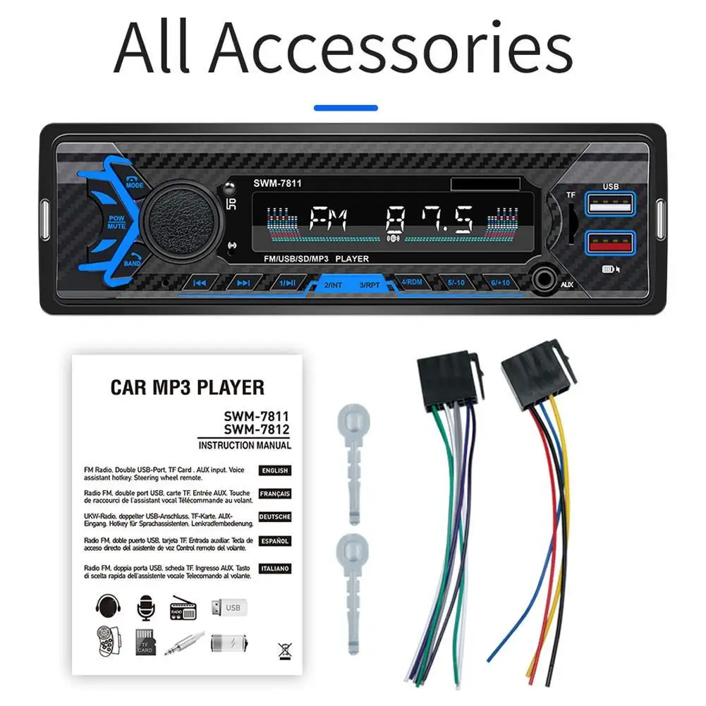 

Car Bluetooth MP3 Player 1-DIN Stereo Sound Effects Voice Assistant USB Fast Charging Auto FM Radio