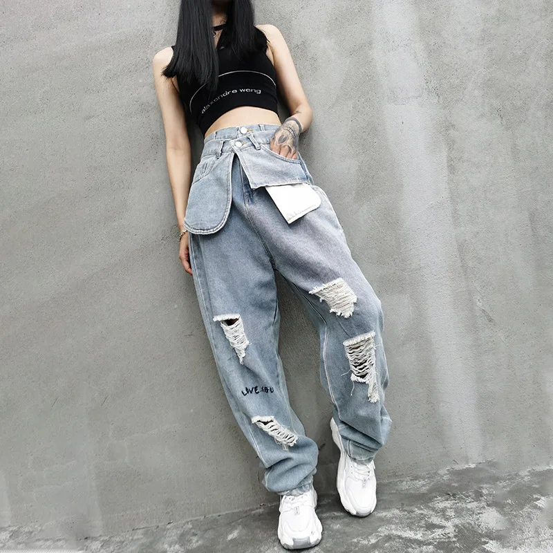 

Women Hole Light Blue Straight Trousers 2021 Fall New High Waist Jeans Streetwear Wide-leg Pants Female Solid Denim Pants Female