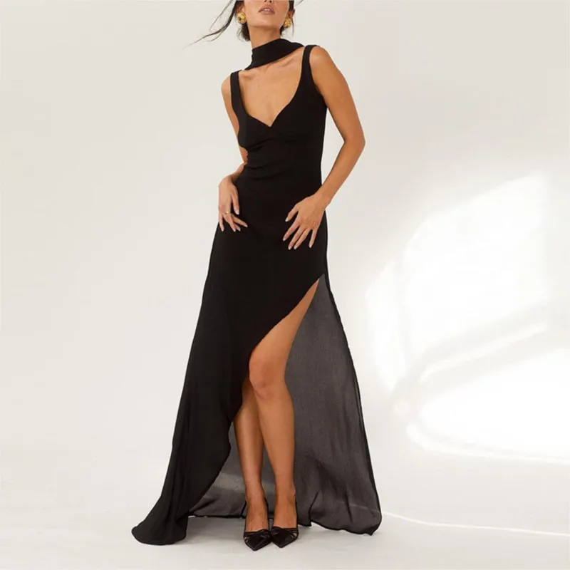 

Beach Dress For Women Cover Up Outlet Swim Wear Irregular Black 2023 Skirt Neck Bust Slim Slit With Streamers Solid Spandex