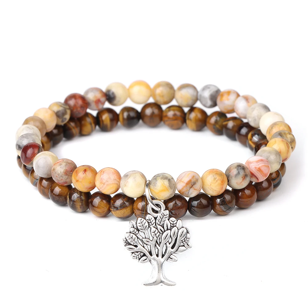 

2Pcs/Set Tiger Eye Tree Life Charm Bracelets For Men Natural Agates Stone 6mm Beads Bracelet Set Energy Balance Jewelry Hombre