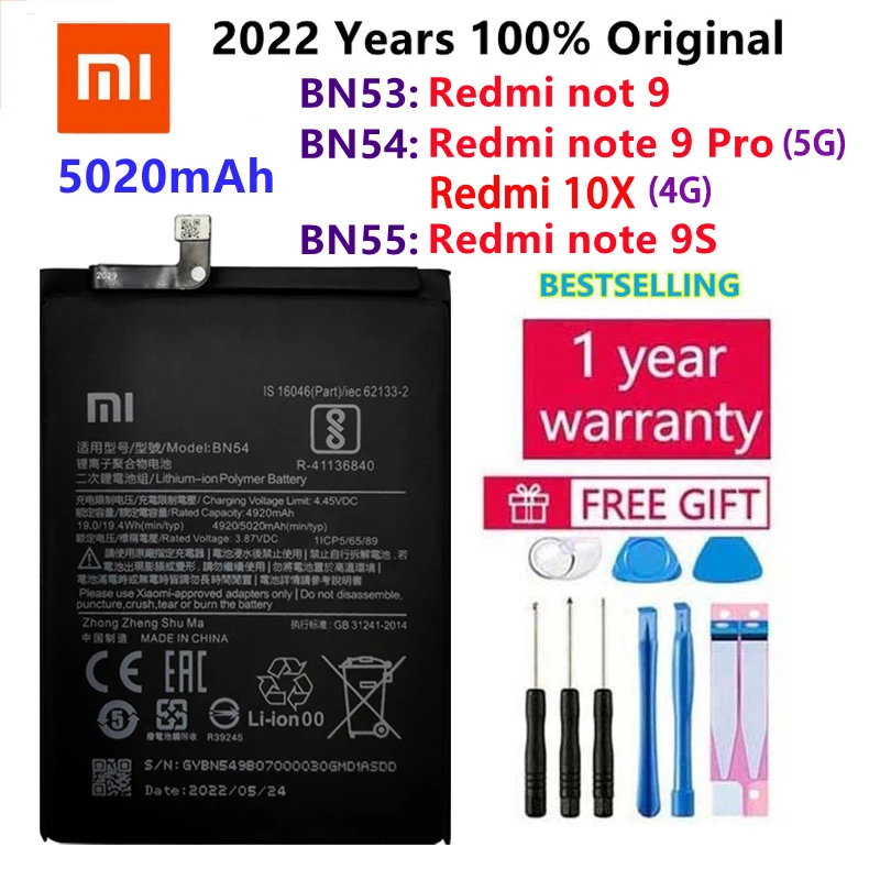 

2022 100% Original Xiao Mi BN53 BN54 BN55 Phone Battery For Xiaomi Redmi note 9 Pro 9S 10X 4G 5G Replacement Batteries Bateria