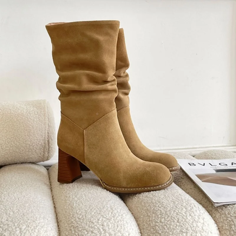 

Korea Classic Style Spring Autumn Woman Boots Pleated Slip On Short Boots Women's Winter Shoes Woman Big Girth Cow Suede Botas