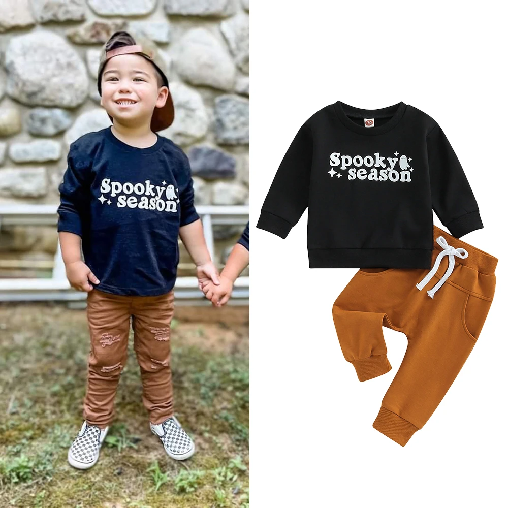 

Halloween Spring Autumn Kids Boys Clothing Sets Ghost Letter Print Long Sleeve Pullover T-shirts+Drawstring Long Pants Outfits