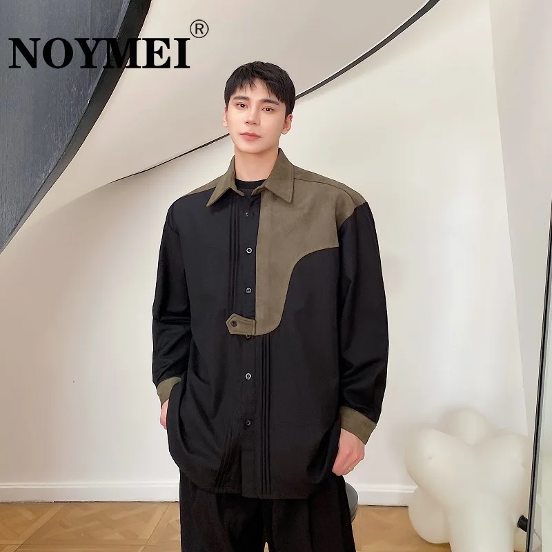 

NOYMEI Fashion 2023 Spring Darkwear Color Contrast Patchwork Lapel Long Sleeve Men's Shirt Korean Design Ruffian Handsome WA1050