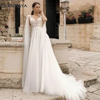 boho long wedding dress for bride v neck open back a line flowy tulle beach bridal gown lace elegant sweep train robe de mari%c3%a9e