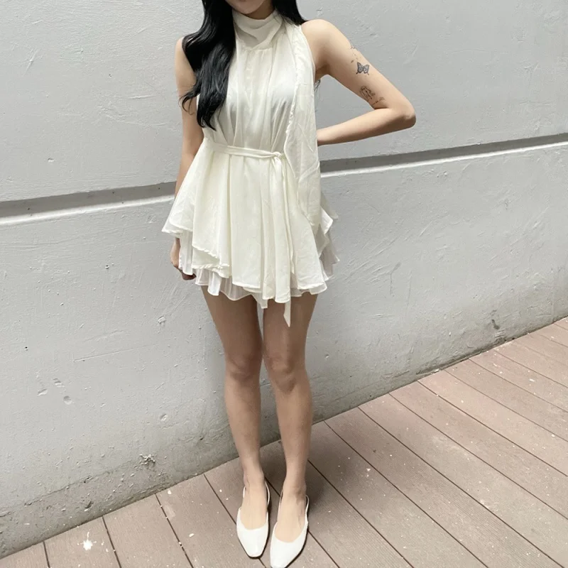 

Women's lovely casual chiffon shirling halter neck ruffled see-through blouse