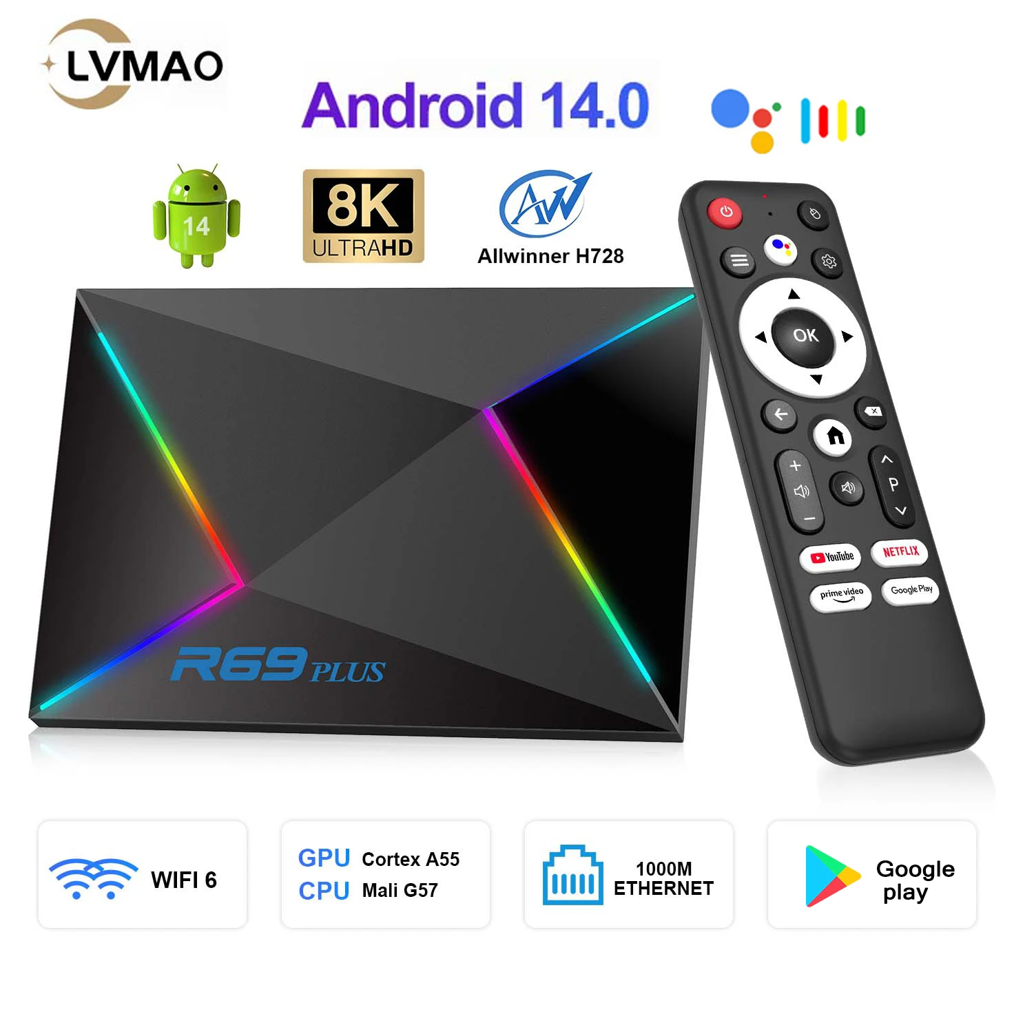 LVMAO Smart TV Box R69 Plus Android 14 Allwinner H728 1000M NETFLIX 4G Ram 64G Cortex A53 8K BT5 Wi-Fi 6 Google Voice Set Top