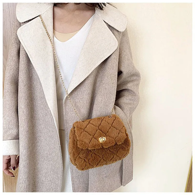 Faux Fur Crossbody Bags for Women Autumn Winter Plush Purses Handbags Female Phone Shoulder Bag Girls Wallet Fashion Chain Bag images - 6