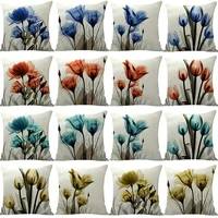 ink tulip flower cotton linen cushion cover 45x45cm red blue floral print sofa pillow cover bedroom home decor plant pillowcase