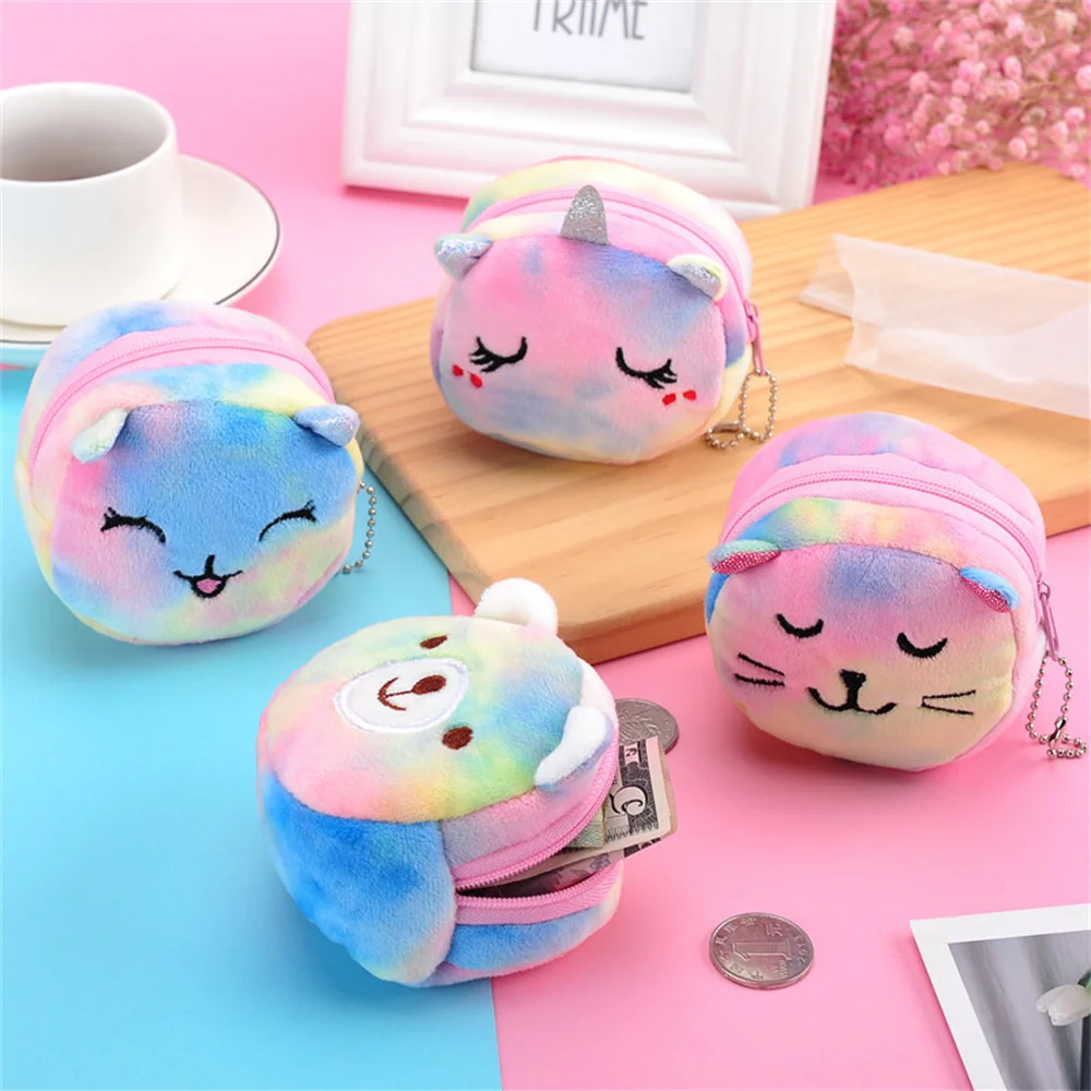 Cute Cartoon Plush Unicorn Coin Purse Cat Fur Circle Wallet Girl Clutch Embroidered Bag Key Earphone Organizer Bags Kids Gift