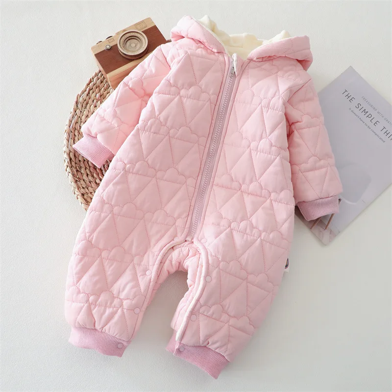 

Autumn Winter Baby Plus Velvet Thicken Embroidery Ice Cream Cardigan Hooded Romper Boy Girl Infant Cotton Solid Fashion Jumpsuit