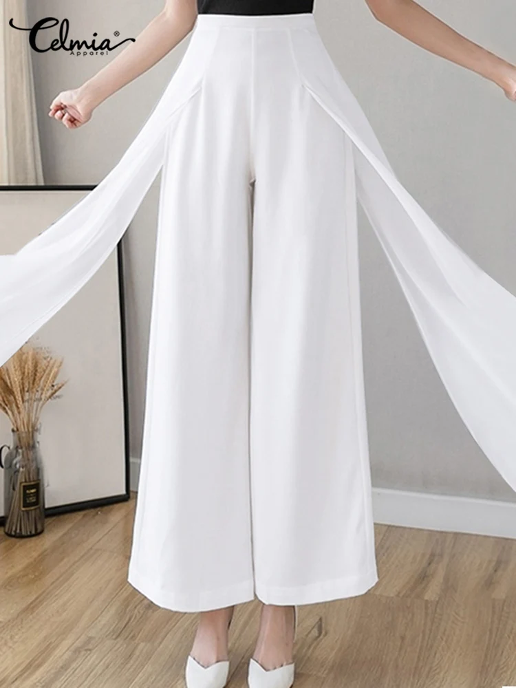 

Vintage Pleated Commuting Pants Celmia Korean Style Long Flared Trousers Women High Waisted Office Bottoms All-match Solid Pants