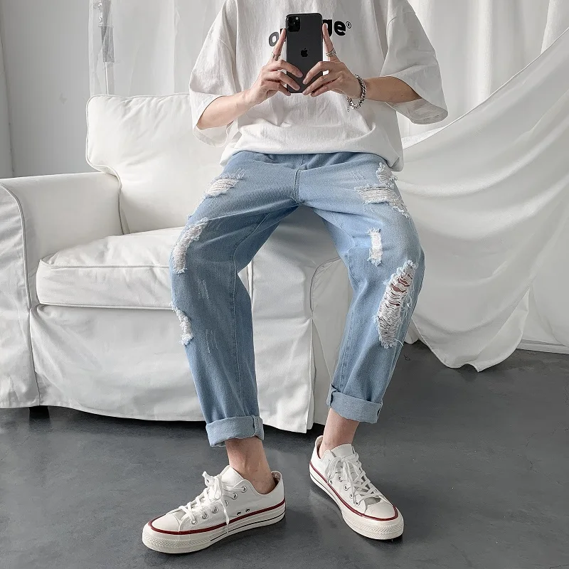 Summer Slim Fit Jeans for Mens Streetwear Korean Designer Regular Distressed Denim Homme Pants Hip Hop Hole Trousers | Мужская одежда