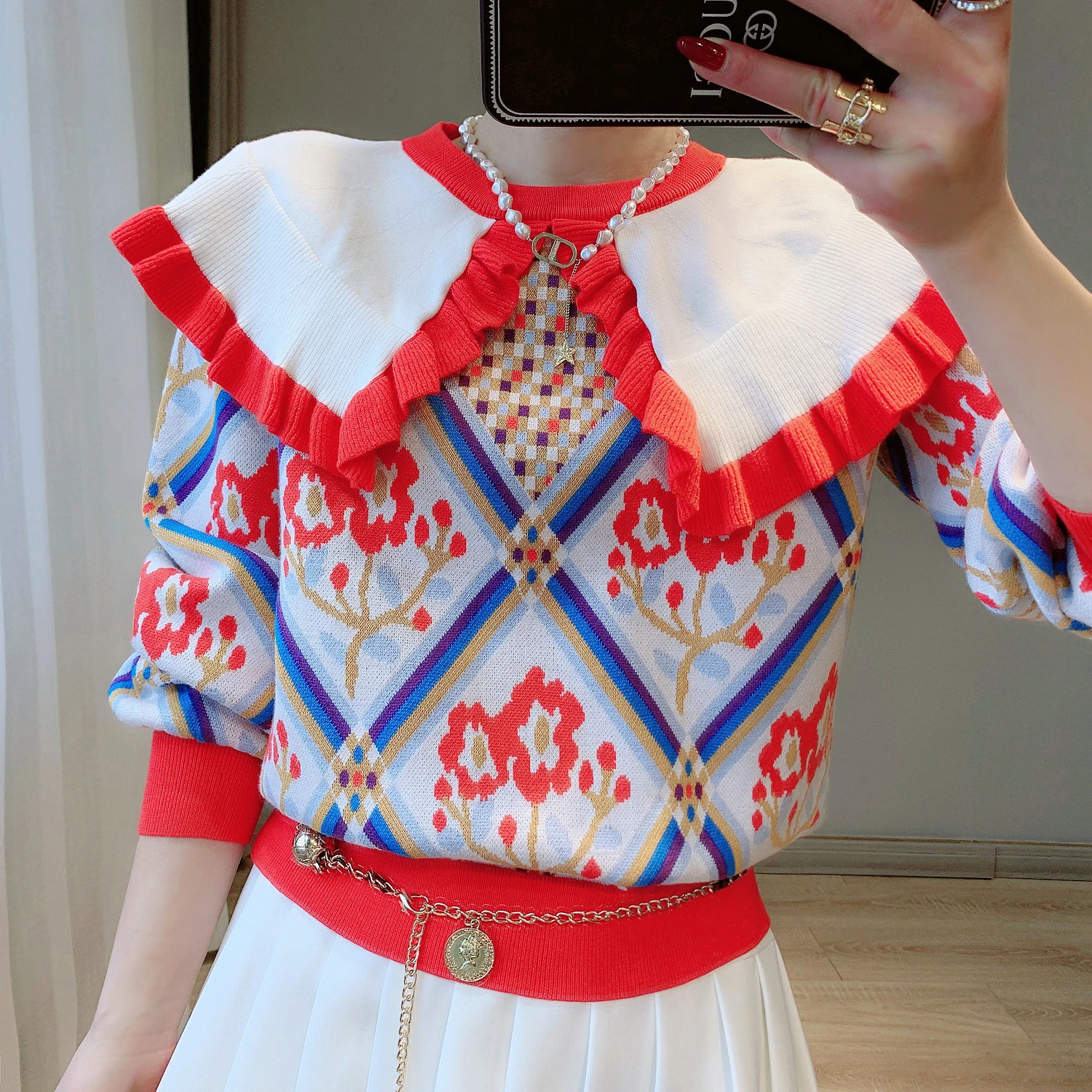 

Runway Sweater Women Cute Jumpers Contrast Color Argyle Floral Jacquard Knit Sweater 2022 Peter Pan Collar Kawaii Pullover Tops