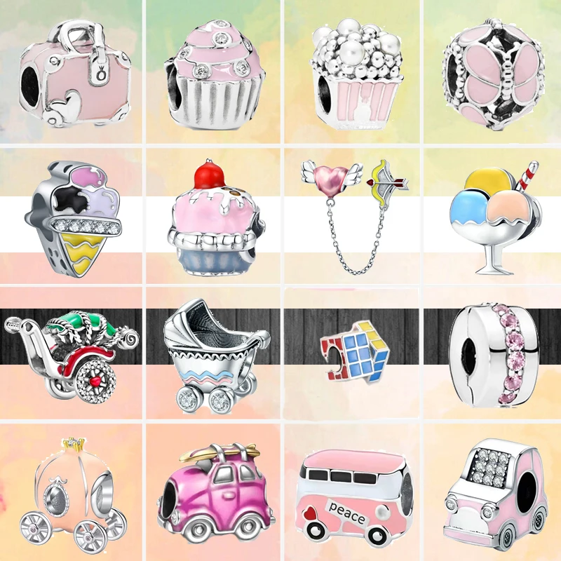New Peace Car Handbag Rubik's Cube Baby Carriage Pink Beads Fit Original Brand Charms Silver Color Bracelet Women Jewelry Gift