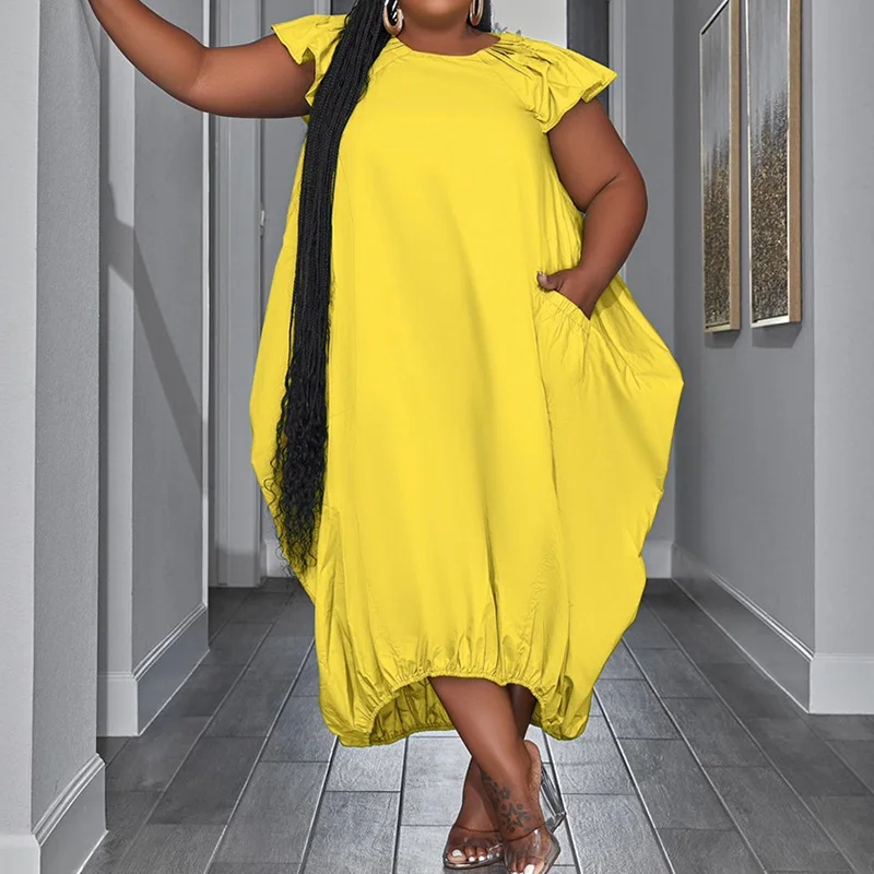 Fashion Round Neck Solid Color 3/4 Lotus Leaf Sleeve Plus Size Women's Clothing Double Pockets Loose Streetwear Irregular Dress