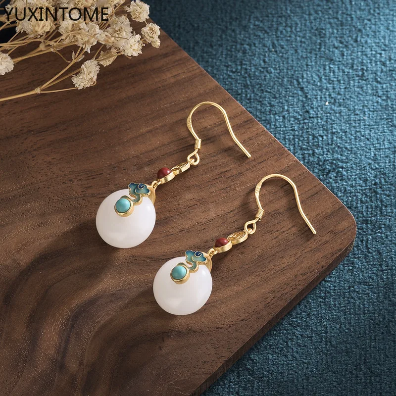 

925 Sterling Silver Ear Needle Vintage Natural Hetian Jade Pendant Enamel Earrings For Women Light Luxury Wedding Jewelry Gifts
