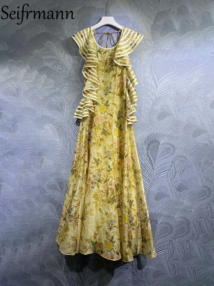 

Женское модельное длинное платье Seifrmann, Летнее шелковое льняное платье с открытой спиной, оборками и цветочным принтом