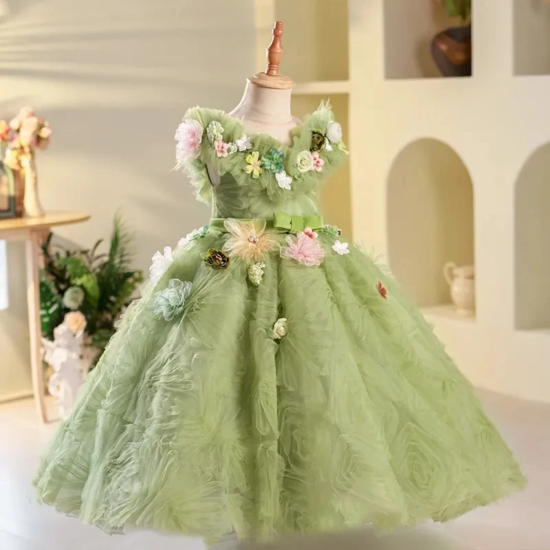 

Новое Элегантное платье для девочек с цветами, платья для первого причастия для девочек, детское зеленое бальное платье из тюля, детская одежда для торжества и свадьбы