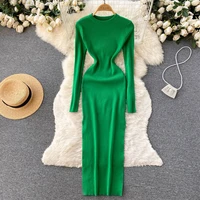 elegant casual womens knitted dress autumn solid slim crew neck bottom bodycon dress green package hip vestidos femme robe