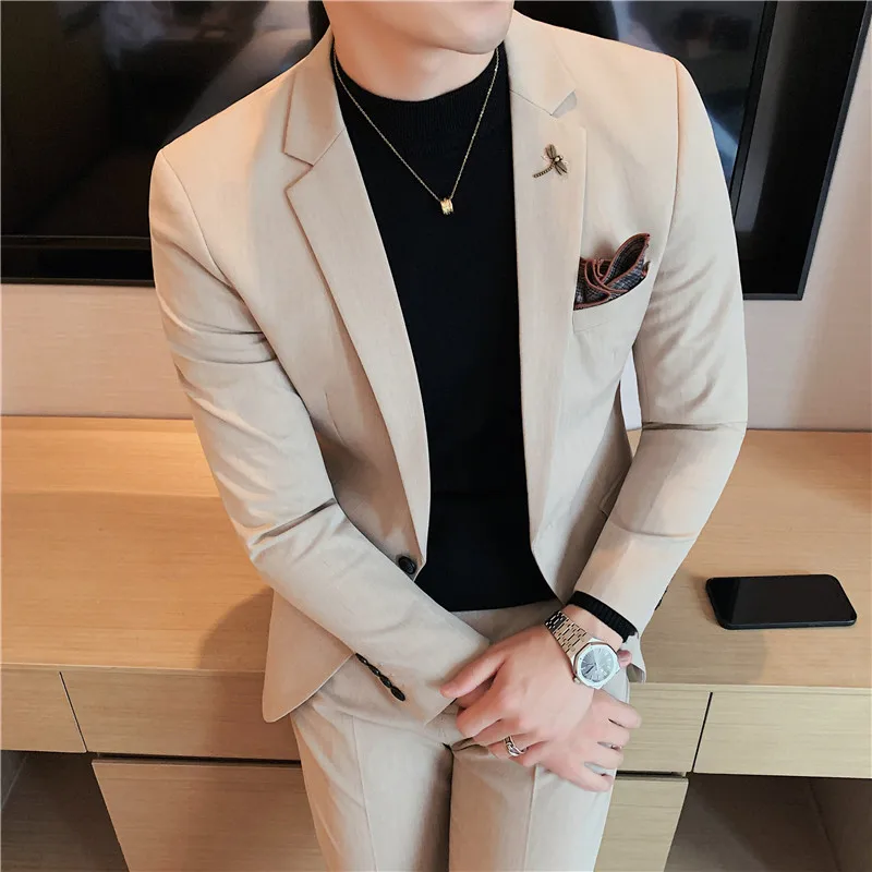 

(Jacket+Pants) 2021 Suits Fashion New Men High Quality Low Price Business Wedding Groom Pure Color Blazers Trousers 2 Pcs Set