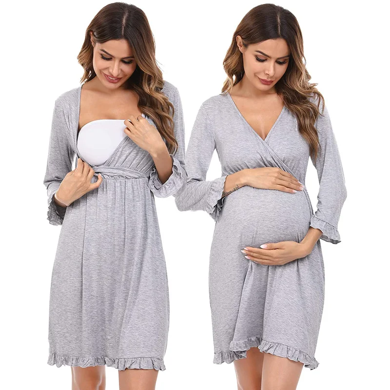 Nursing Dresses Breastfeeding Maternity Clothes 3/4 Sleeve Pregnant Dress Ruffle Maternity Gown for Hospital