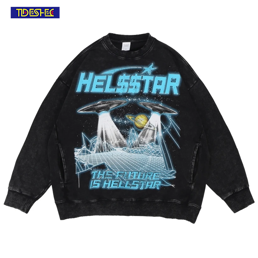 

Уличная одежда в стиле хип-хоп, толстовки с принтом в виде американского инопланетянина и дисков, винтажный потертый пуловер с круглым вырезом для мужчин и женщин, свитшоты большого размера