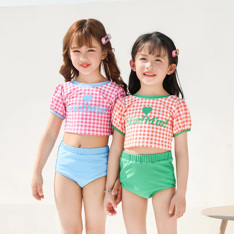 

2022 Kids Plaid Swimsuit Girls Swimming Suit Toddler Separate Cute Child Bathing Suits High Waisted Swimwear 2 Piece Beachwear