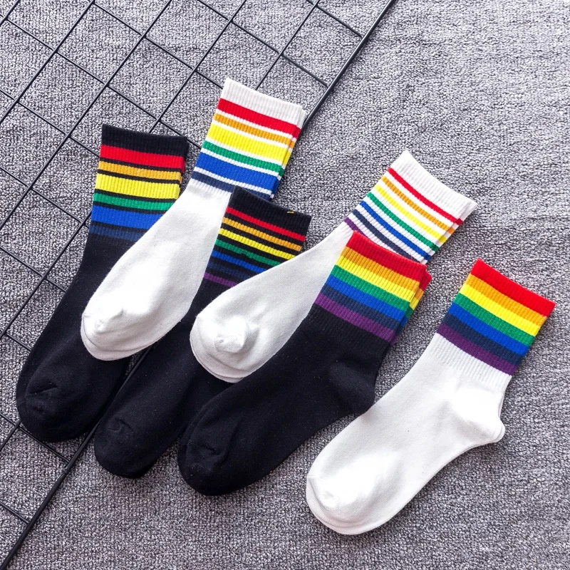 

Unisex Socks Winter Rainbow Striped Cotton Socks Women Black/White Sport Girls College style harajuku funny art warm sock