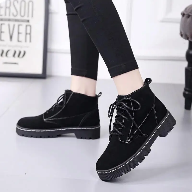 

Thick-soled Short Boots Middle-heeled Outdoor Women Front Lace Autumn Winter Shoe British Style 2022 New