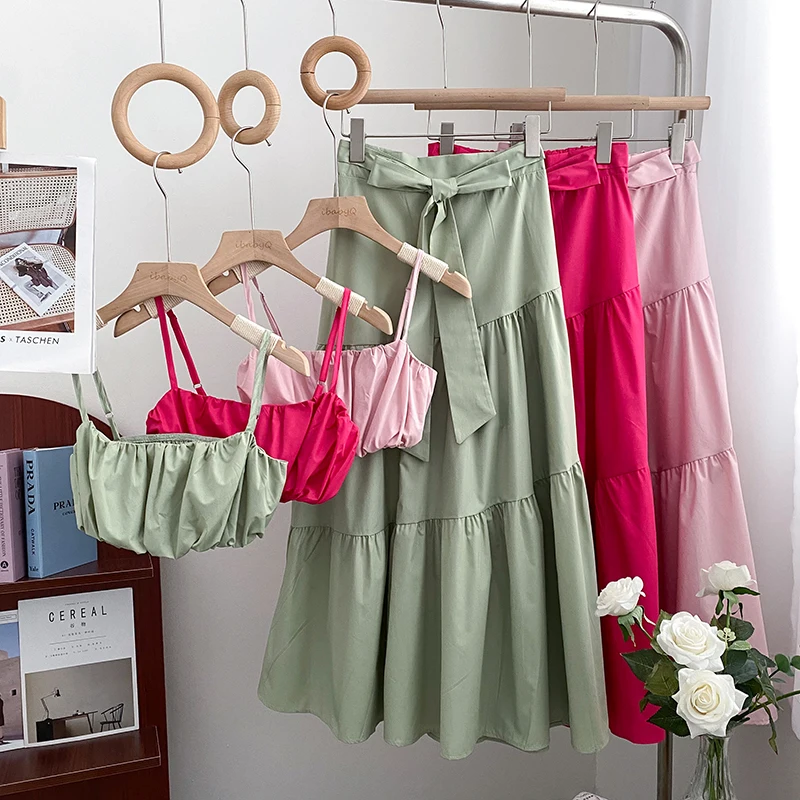 

Women Summer Bohemian Skirts Sets Holiday Design Sexy Tank Tops + Long Skirt Beach Suit Holiday Elastic Waist Two Piece Set
