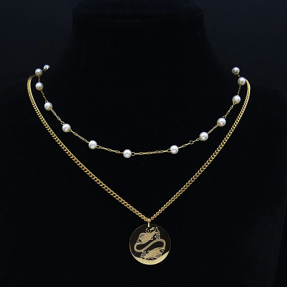 

12 созвездий жемчужное многослойное ожерелье из нержавеющей стали 2 Pisces ожерелье золотого цвета астрологическое ожерелье ювелирные изделия...