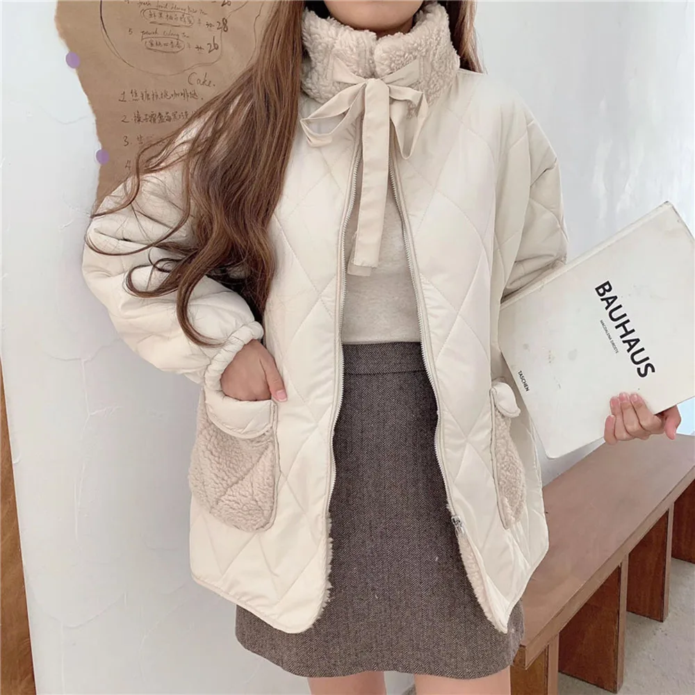 Lamb Wool Coat Female Winter Korean Loose Pockets Plush Thick Warm Parkas Women Cotton Padded Jacket Japanese Jackets Apricot