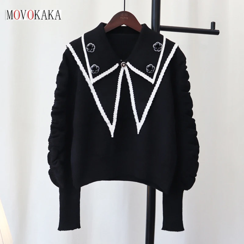 

MOVOKAKA Sailor Collar Black Sweaters Women Winter Thicken Puff Sleeve Loose Top Jumpers Knitted Sweater Pullover Soft Warm Pull