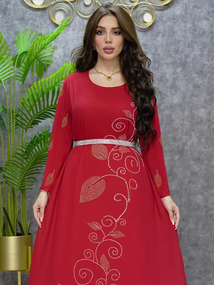 2023 Spring Summer Muslim Women Long Sleeve O-neck Polyester Green Pink Long Dress Abaya Dress Muslim Fashion Dress