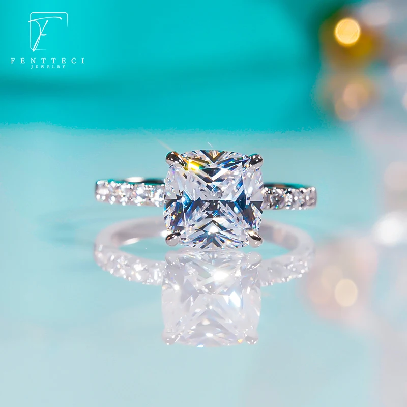 FENTTECI 925 Sterling Silver Light luxury Princess Moissanite Ring Women's Classic Wild White Pink Yellow Diamond Wedding Ring