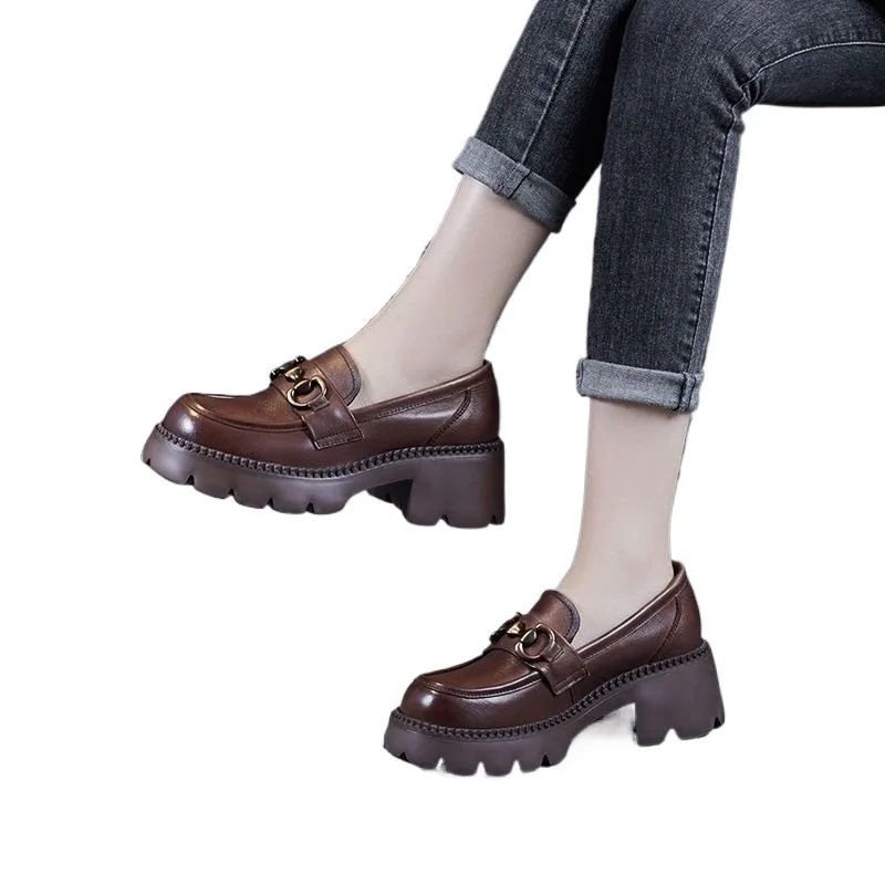 Лоферы на среднем квадратном каблуке женские туфли-Лоферы без шнуровки с