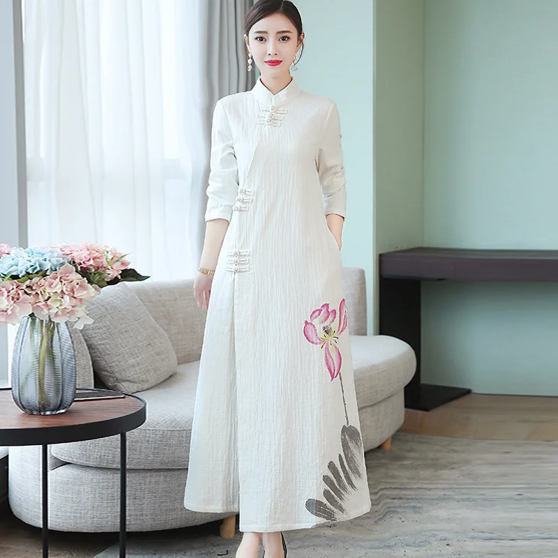 

Traditional Vintage Robe Autumn Winter Cotton Linen Thicken Print Long Qipao Women Chinese Dress Cheongsams Hanfu Zen Clothes