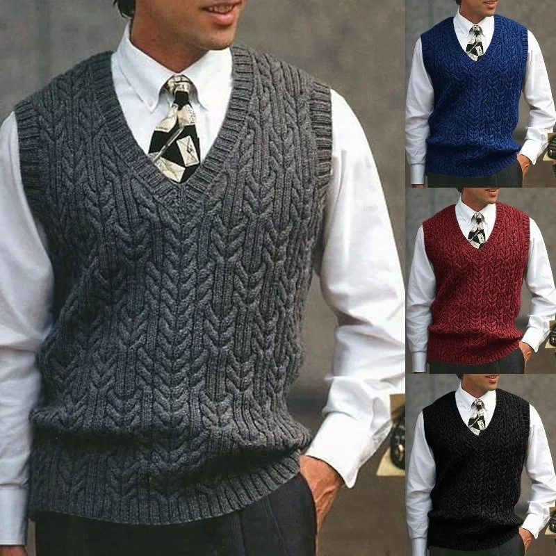 2023 Spring Autumn Knitted Men Sweater Vest Casual Sleeveless Sweaters Mens Cable V-neck Sweater Solid Color Casual Pullover