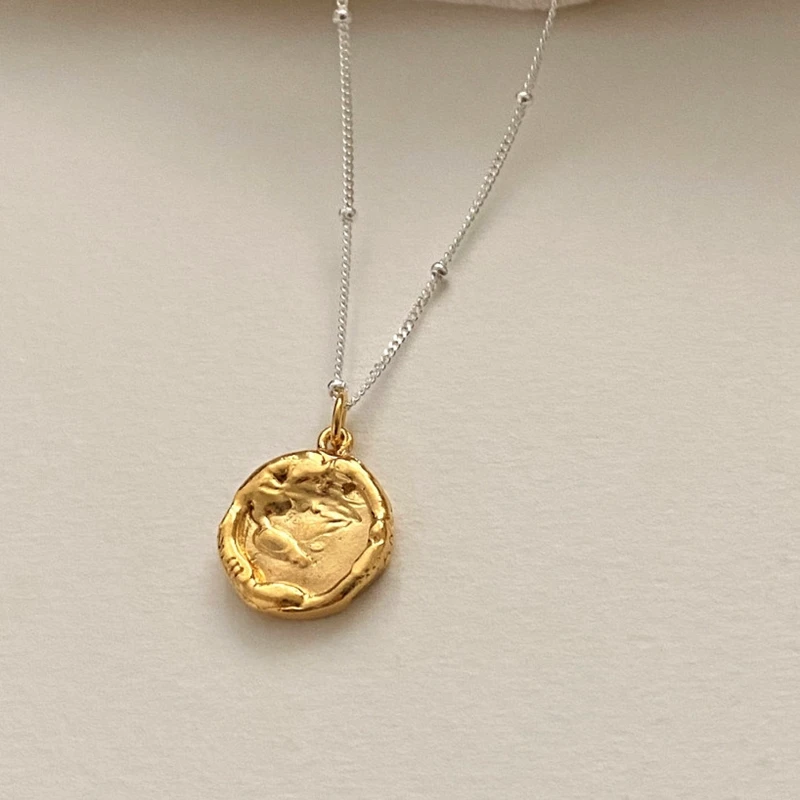 Silvology Real 925 Sterling Silver Round Relief Pendant Necklace for Women Bead Chain Concave Irregular Simple Fashion Jewelry
