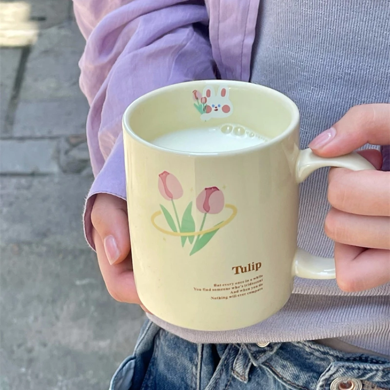 

300ml Creative Ceramic Coffee Cup Rabbit Tulip Cup, Cute Mug Ceramic Cup High Temperature Resistant Coffee Cup Cartoon Mug