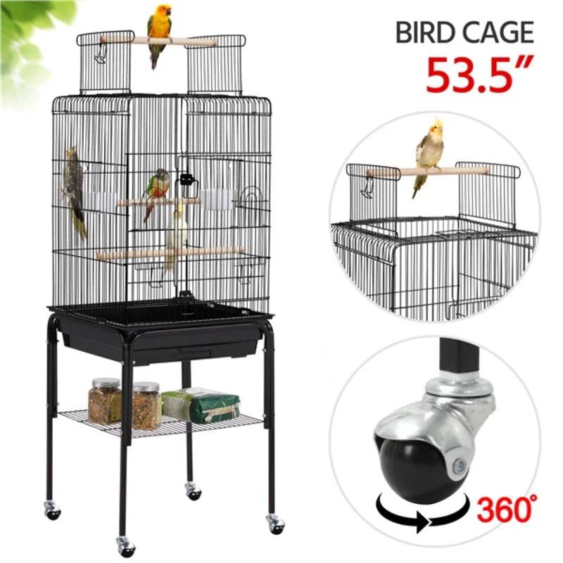 

53.5" Metal Rolling Bird Cage with Play Top Stand, Dark Gray Easy cleaning