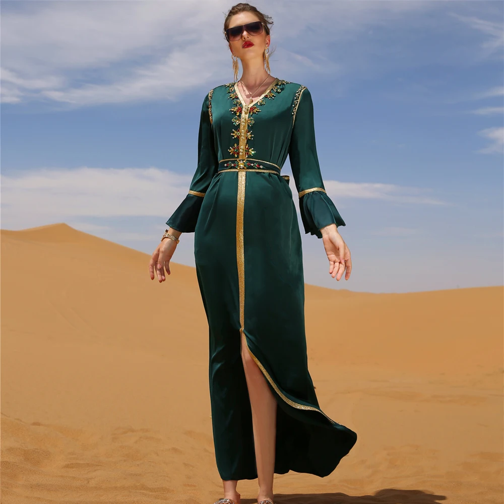 

Рамадан пятна Abaya Дубай, Турция Ислам Мусульманское длинное вечернее платье Abaya s для женщин Robe Femme Caftan Marocain De вечерree