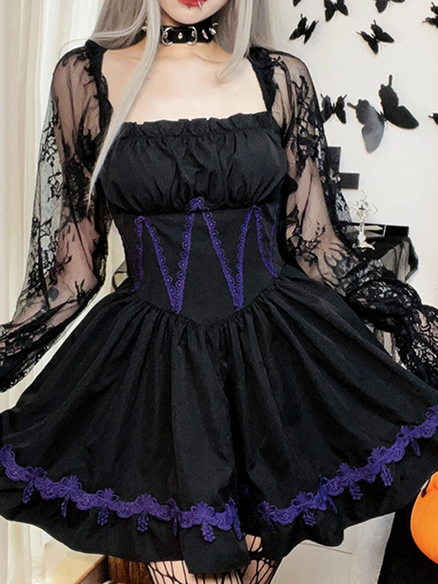 

Женское платье в готическом стиле, черное платье в стиле пэчворк с кружевной юбкой и квадратным вырезом, прозрачные платья с длинным рукавом для отдыха
