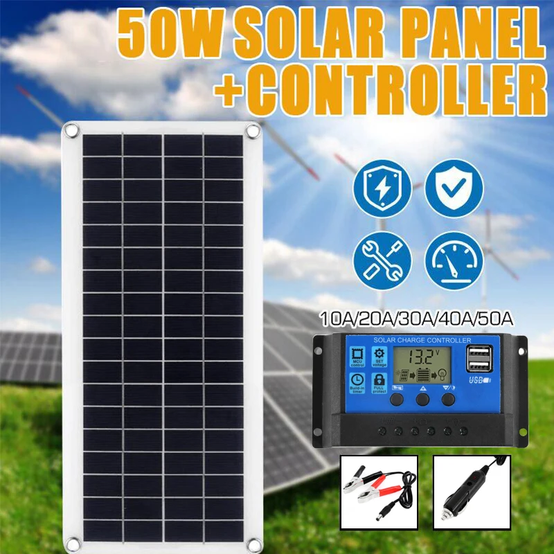 

50W Solar Panel Dual USB Output Solar Cells Solar Panel 10/20/30A /40A/50A/60A Controller for Car Yacht 12V Battery Boat Charger