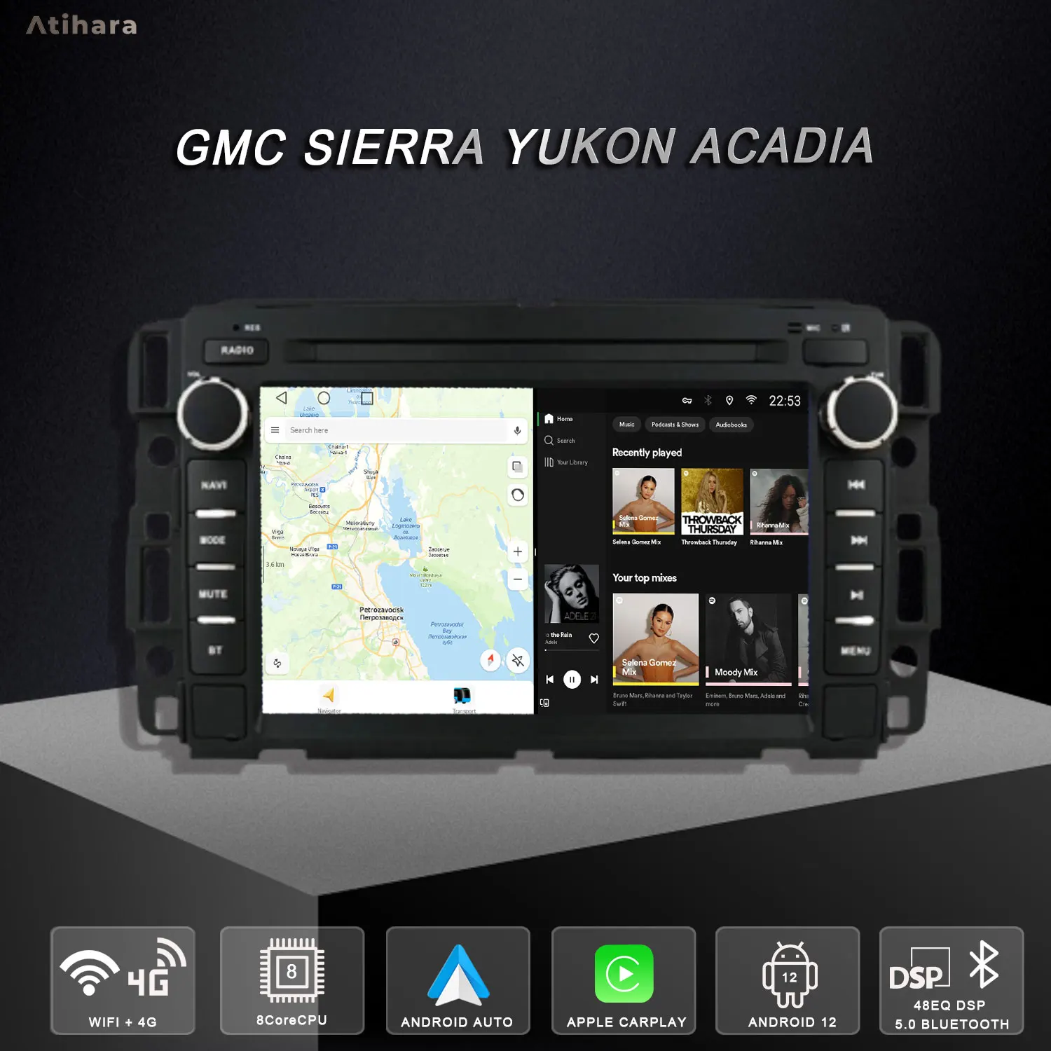 Автомобильный радиоприемник Atihara 7 дюймов для GMC SIERRA YUKON ACADIA Carplay Android Auto HD-экран
